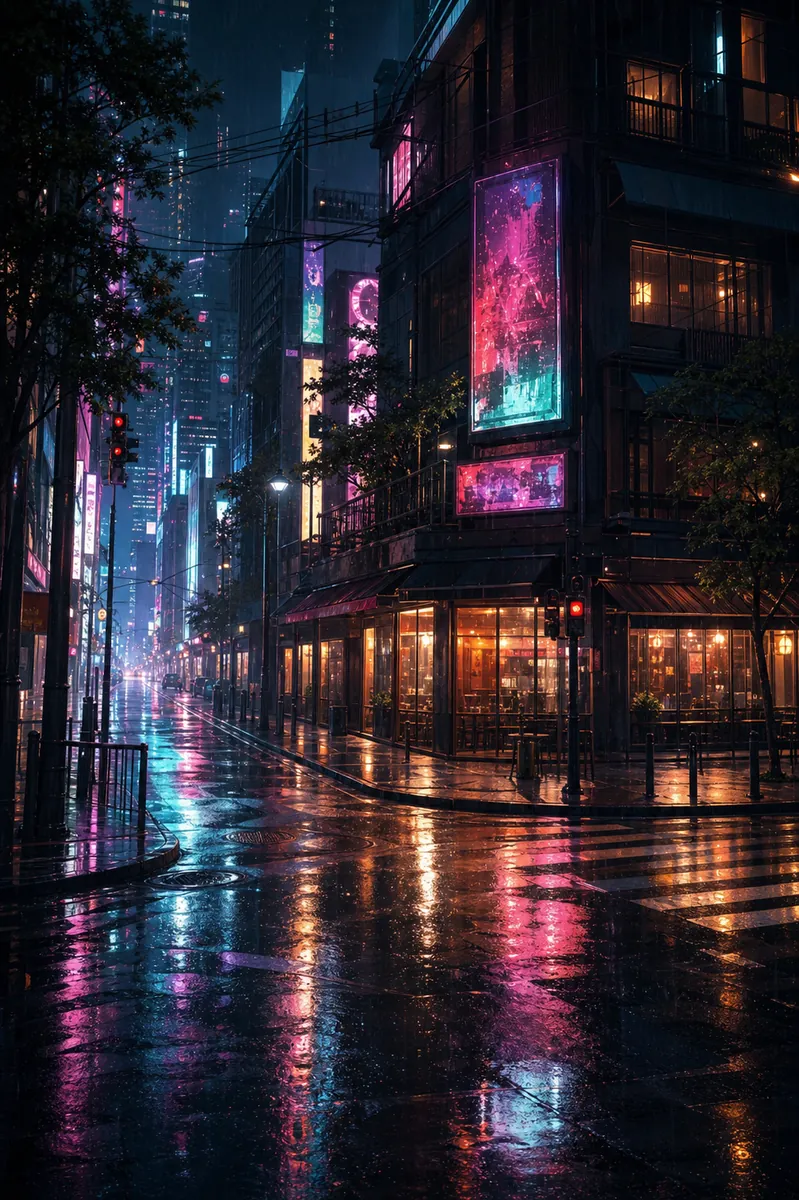 Rainy neon street sample from AI Urban Generator